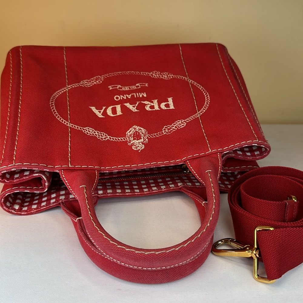 Prada Canapa Red Denim Canvas Snap Sides, Adjustable Removable Strap, Auth Cards - Picture 13 of 16